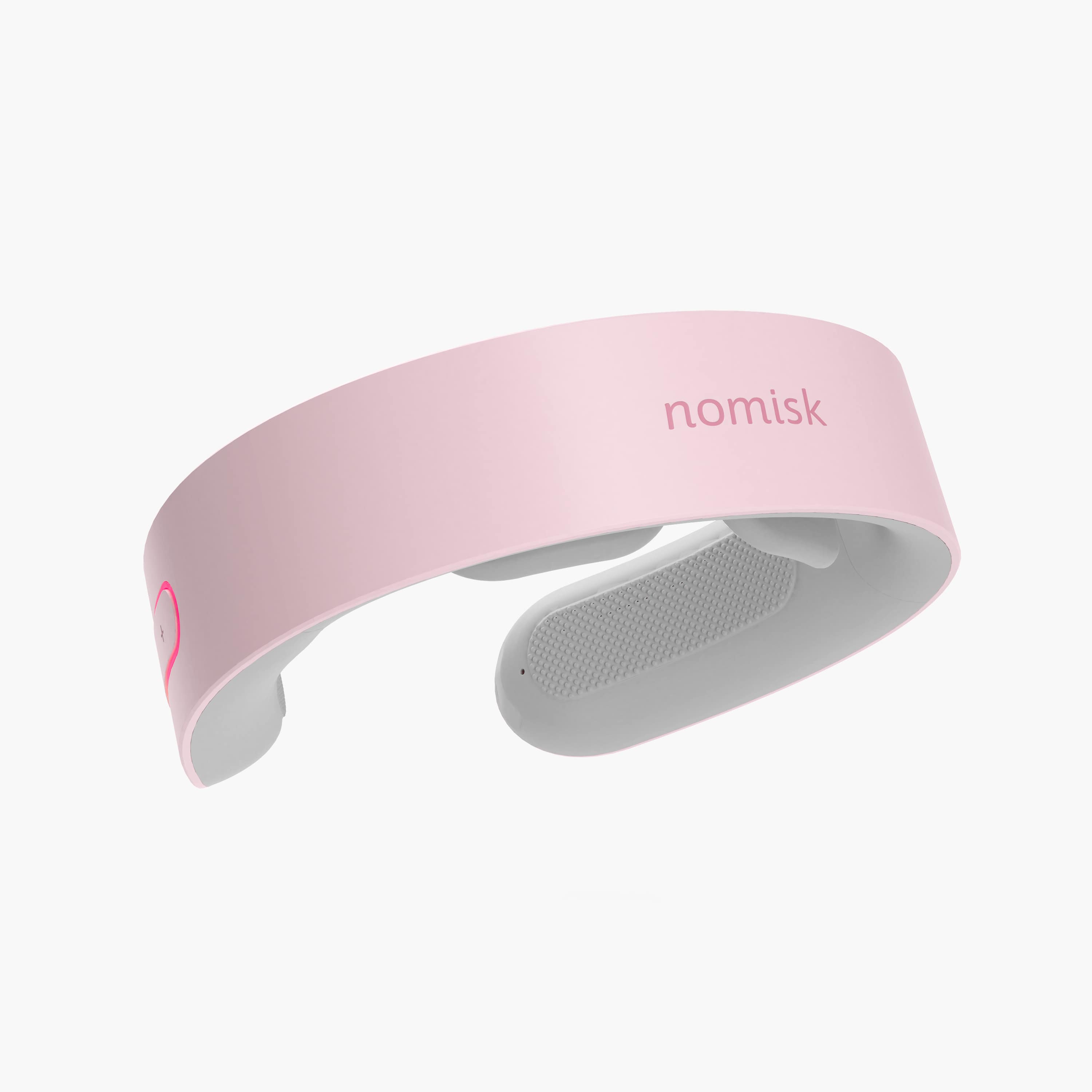 Luna by Nomisk. A pink neck massager that combines heat and pulse therapy to instantly relieve neck pain. Use her to relieve migraines, muscle tension and pain instantly. Shown from a rear view.