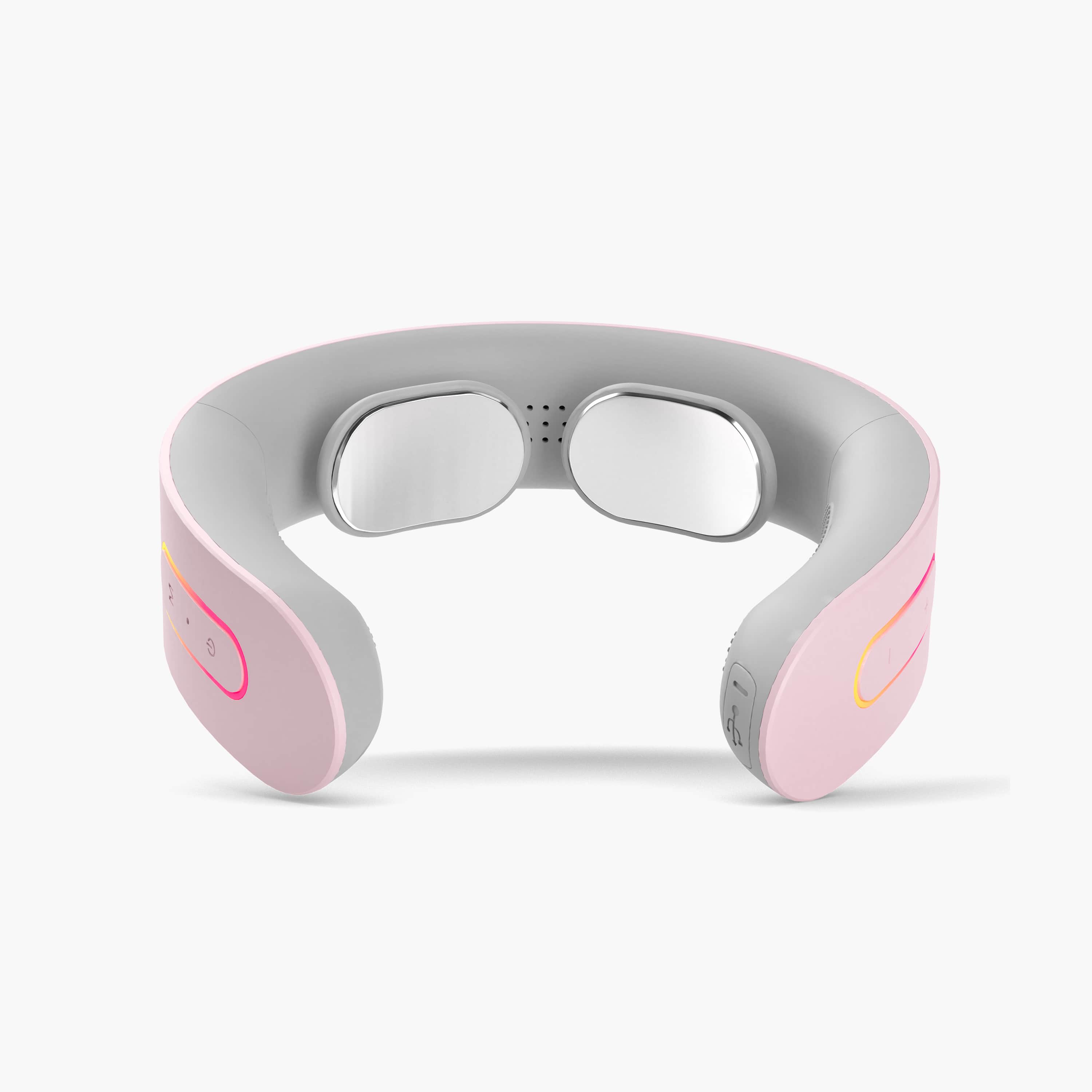 Luna by Nomisk. A pink neck massager that combines heat and pulse therapy to instantly relieve neck pain. Use her to relieve migraines, muscle tension and pain instantly. Shown from a front view.